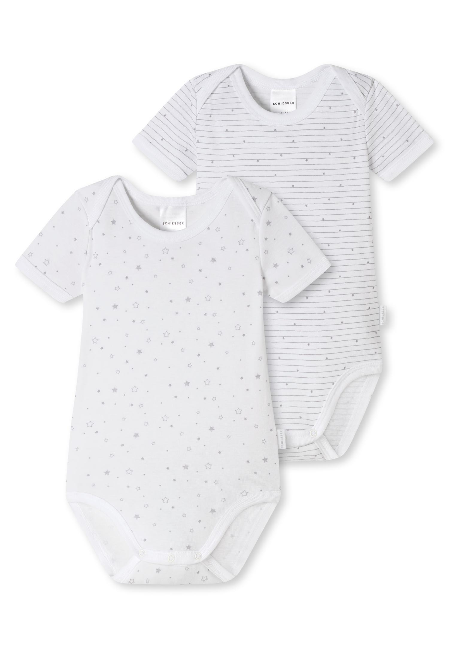Schiesser Baby-Bodys 2er-Pack kurzarm unisex Feinripp Organic Cotton bedruckt weiß/grau - Original Classics