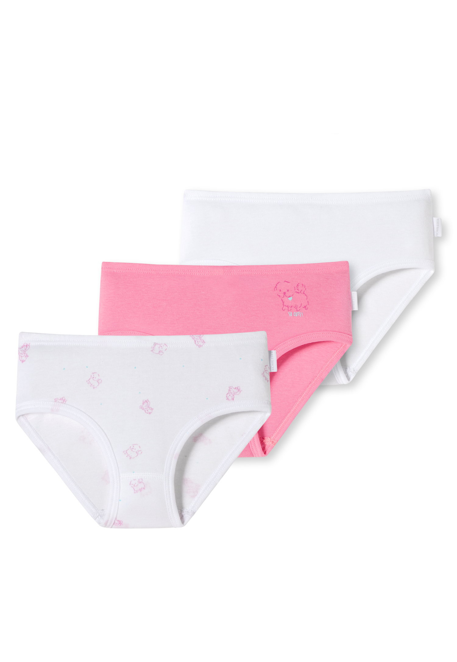 Schiesser Hüftslips 3er-Pack Feinripp Organic Cotton weiß/pink mit Hündchen für Mädchen