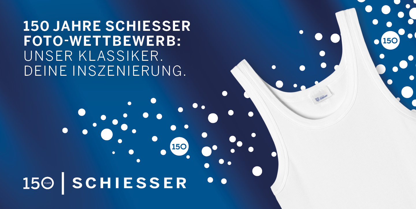 Unterhemd vor blauem Hintergrund mir 150 Jahr Logo.