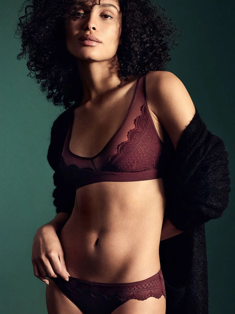 Schiesser Soft BH ohne Bügel und Slip mit Spitze in burgund